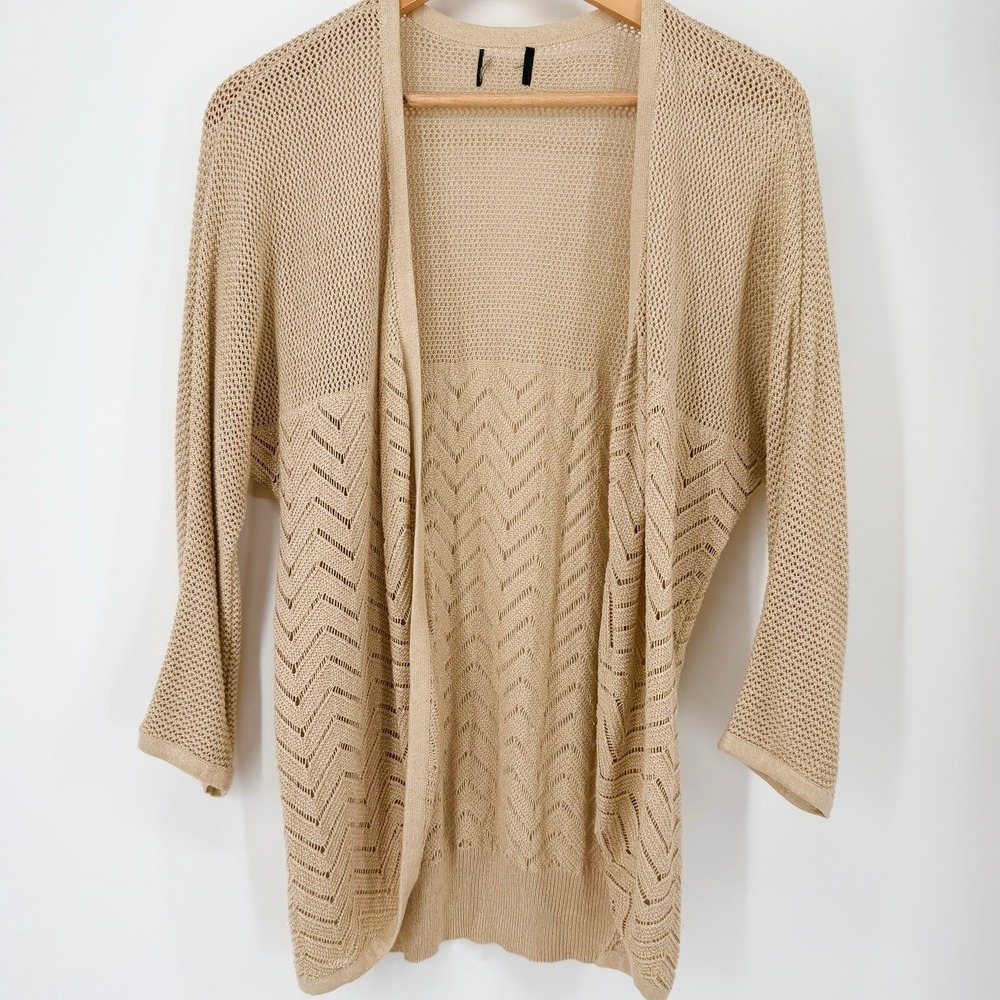 Chico's Size 2 L Beige Metallic Open Knit Chevron Cardigan Boho Draped